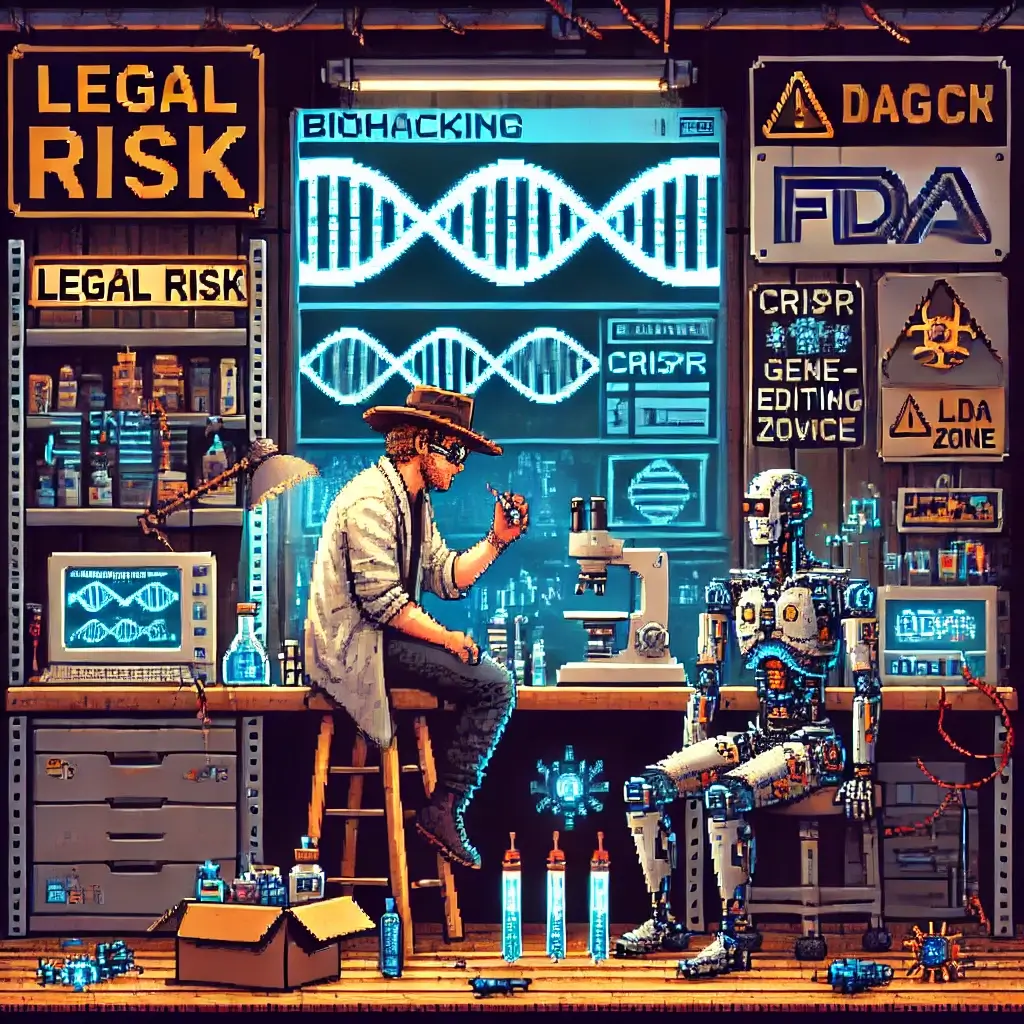 Biohacking's Wild West: 3 Legal Minefields You MUST Know! 2 Pixel art of a futuristic garage lab with a lone biohacker in cyberpunk gear working on a glowing DIY medical device. CRISPR tools, a robotic limb, and warning signs like “Legal Risk” and “FDA Zone” add a mix of innovation and danger to the scene.