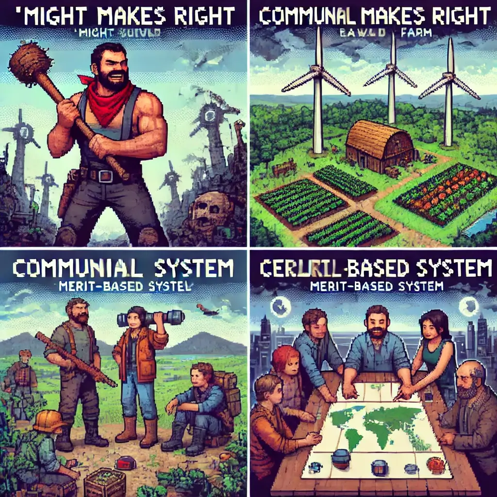 Pixel art of a survivor guarding a small post-apocalyptic farm with a weapon, symbolizing 'Might Makes Right' property system.