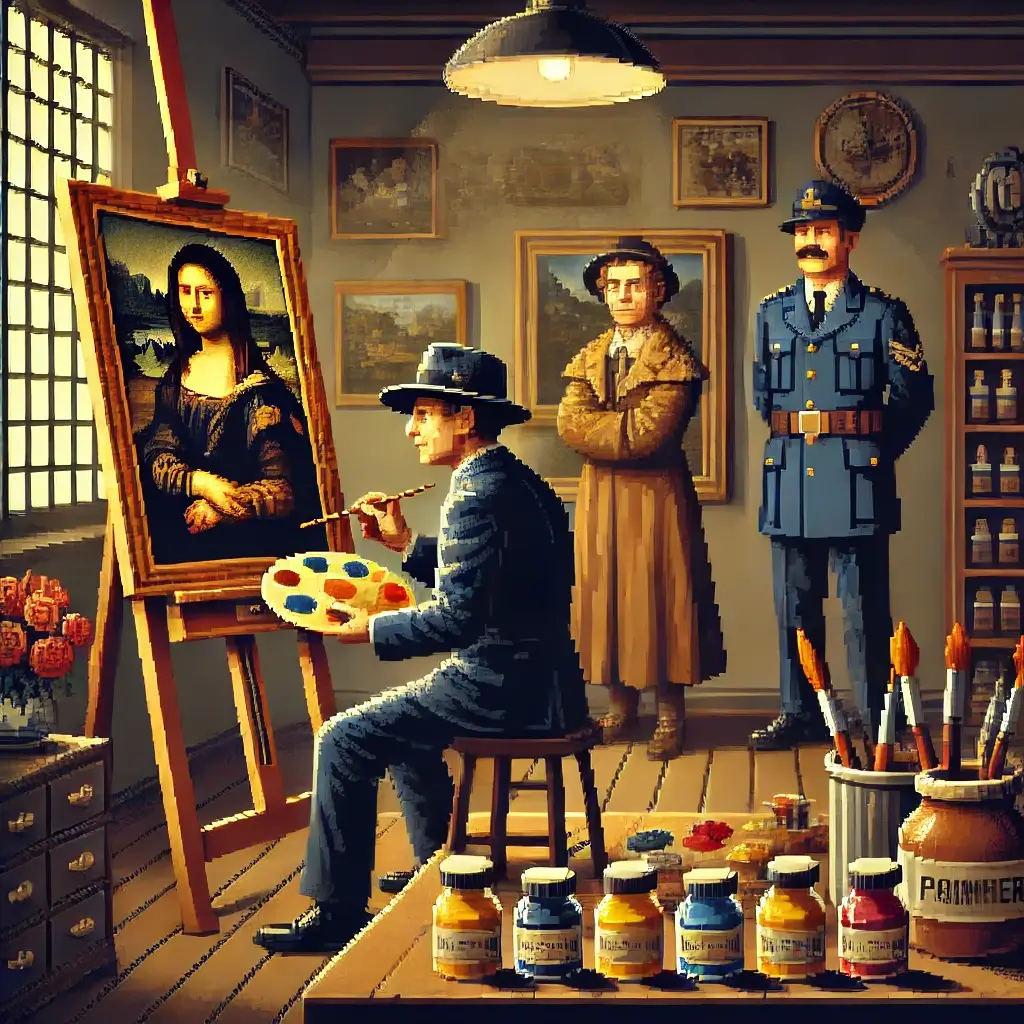 Pixel art of a 1940s forger painting a fake Dutch masterpiece in a dim studio, while a uniformed collector admires the piece. Art Forgery