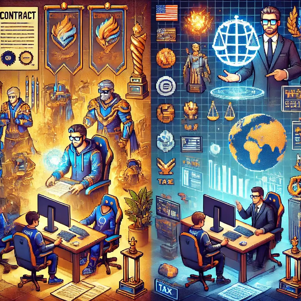 Split-scene pixel art showing international esports players with contracts on one side and a lawyer presenting legal clauses and global symbols on the other.