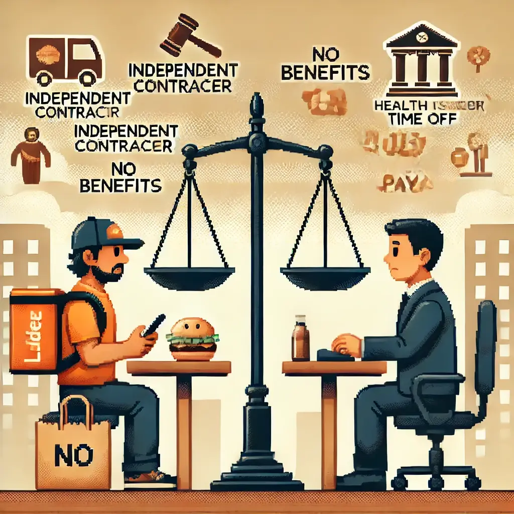 Pixel art showing a legal battle over gig economy worker classification — a delivery driver labeled “Independent Contractor” faces an office worker labeled “Employee,” with a gavel and scales of justice between them.