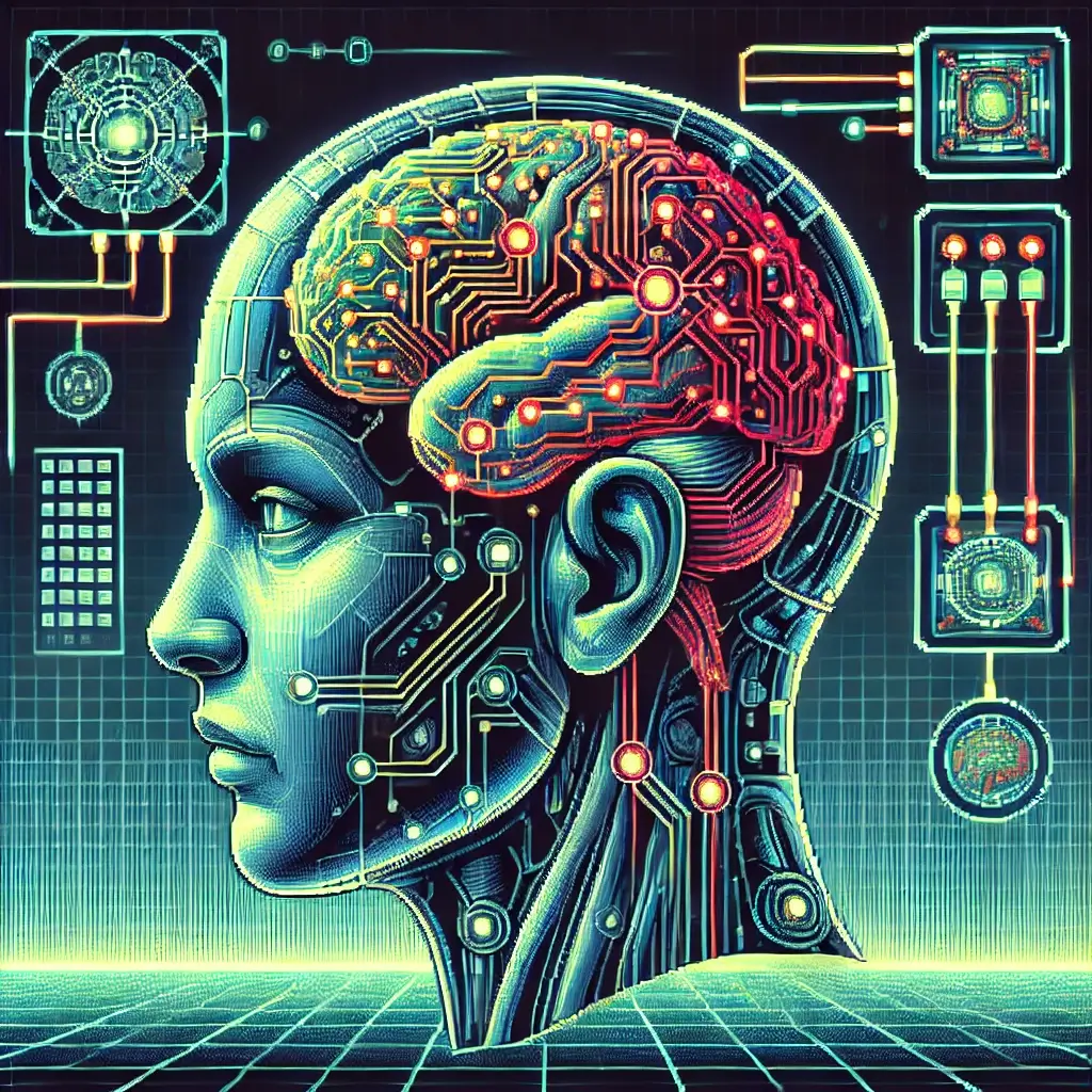 Pixel art of a human head with a brain-computer interface, glowing neural links connected to digital grids, symbolizing neurotech advancement and thought privacy risks.