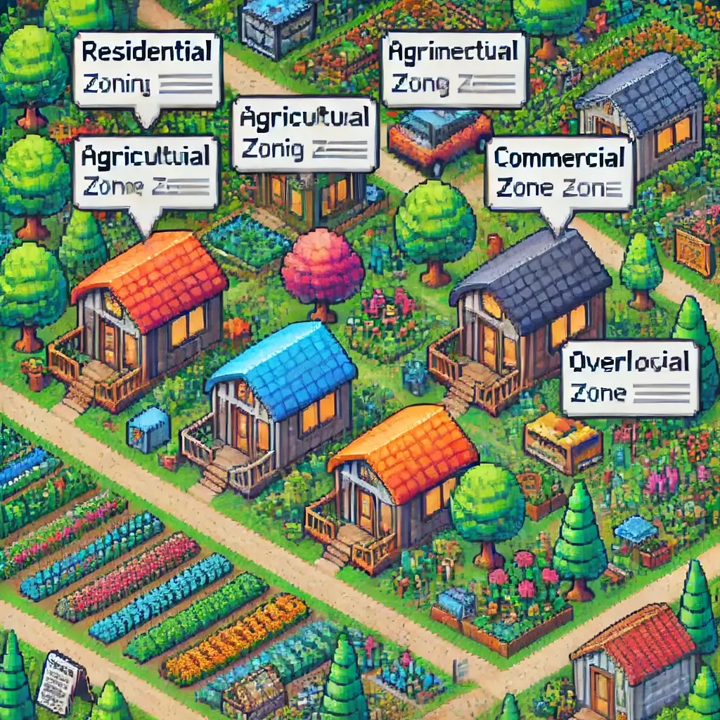Pixel art of a tiny house village with zoning labels: Residential, Agricultural, Commercial, Overlay Zone; surrounded by documents and legal icons.