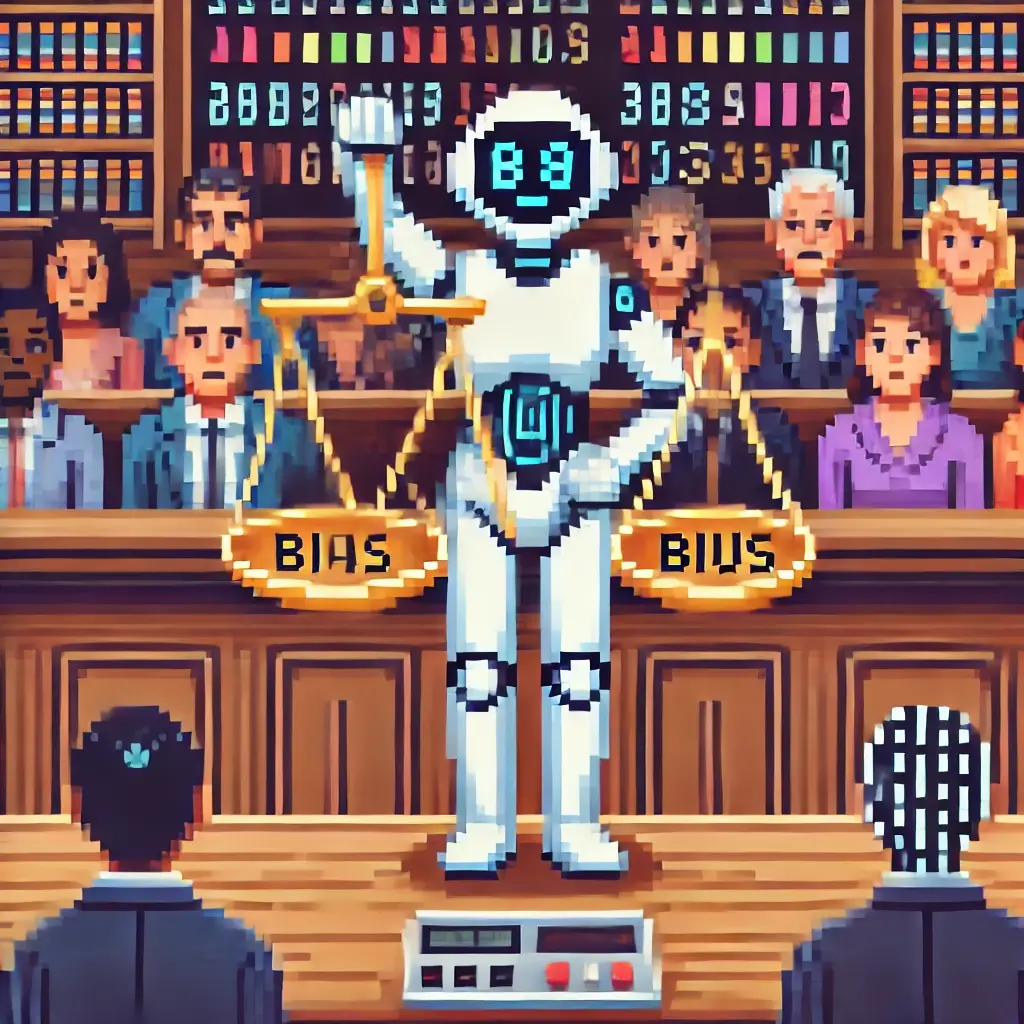 Pixel art of a robotic judge in a courtroom holding unbalanced scales; one side has diverse people, the other side has code and data. AI