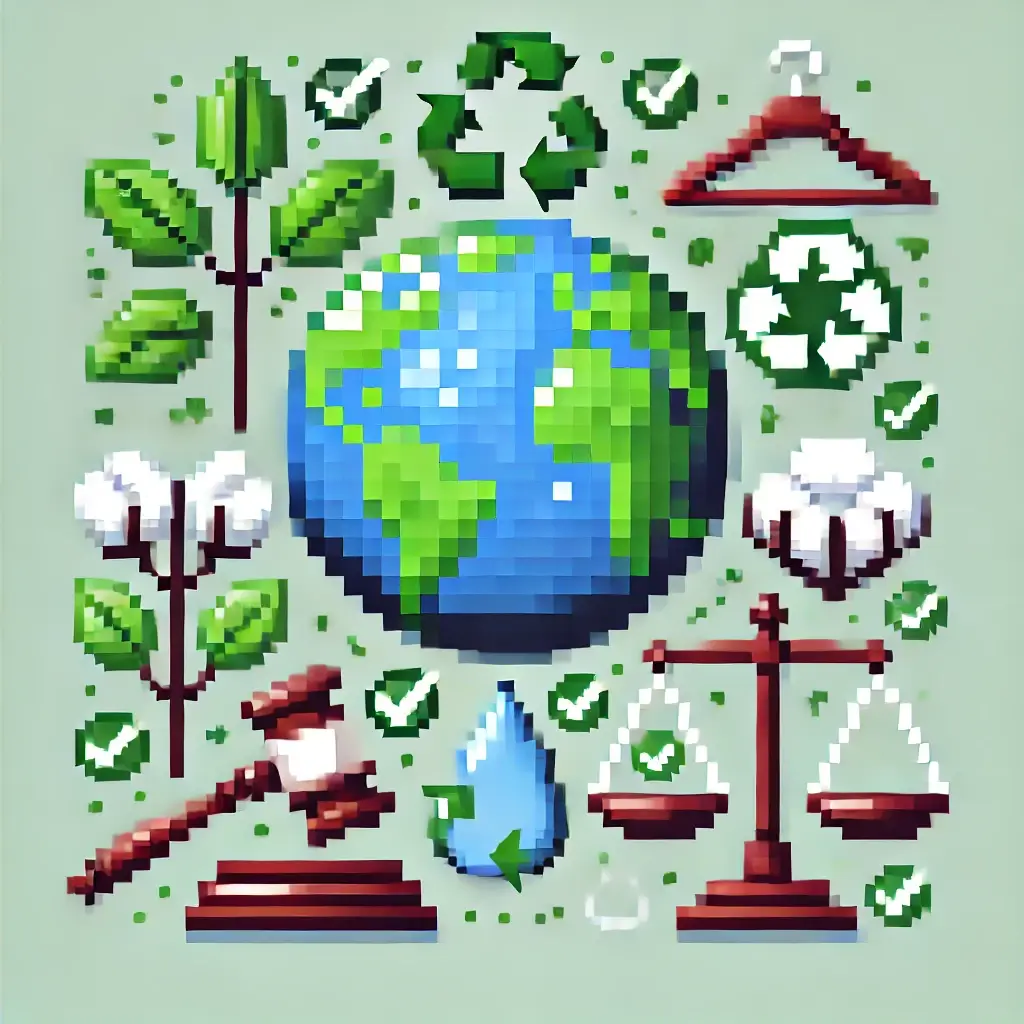 "Pixel art image symbolizing sustainable fashion legal compliance, featuring a stylized Earth with a green leaf, a clothing hanger with a checkmark, a judge’s gavel, a cotton plant, recycling symbol, water droplet with a checkmark, and a human figure holding scales of justice."