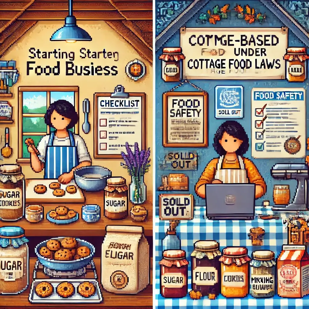 Pixel art of a cozy home kitchen where a person is baking cookies. Surrounding them are labeled jars, mixing bowls, a laptop showing permits, and a checklist titled "Cottage Food Laws." The scene includes icons like a shield and document, emphasizing food business legality and safety.