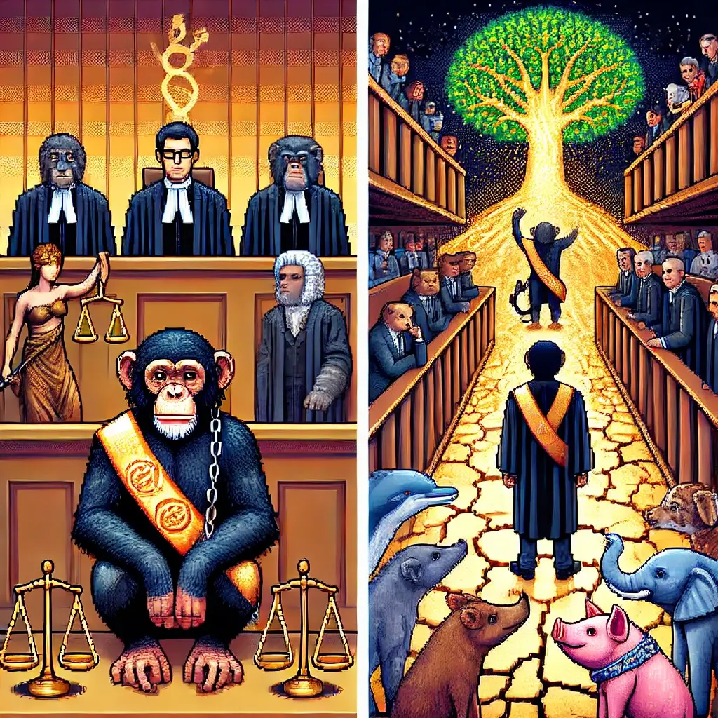 The Fight for Animal Rights: Why 3 Lives Were Forever Changed! 2 Pixel art courtroom scene featuring a chimpanzee at the witness stand wearing a legal sash. Judges and various animals including elephants, pigs, and dolphins observe. A banner reads "Justice for All Beings".