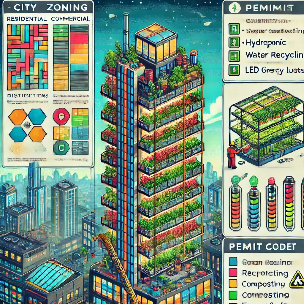 Detailed pixel art depicting zoning laws, building code compliance, and environmental rules for an urban vertical farm, with distinct city planning and sustainability visuals.