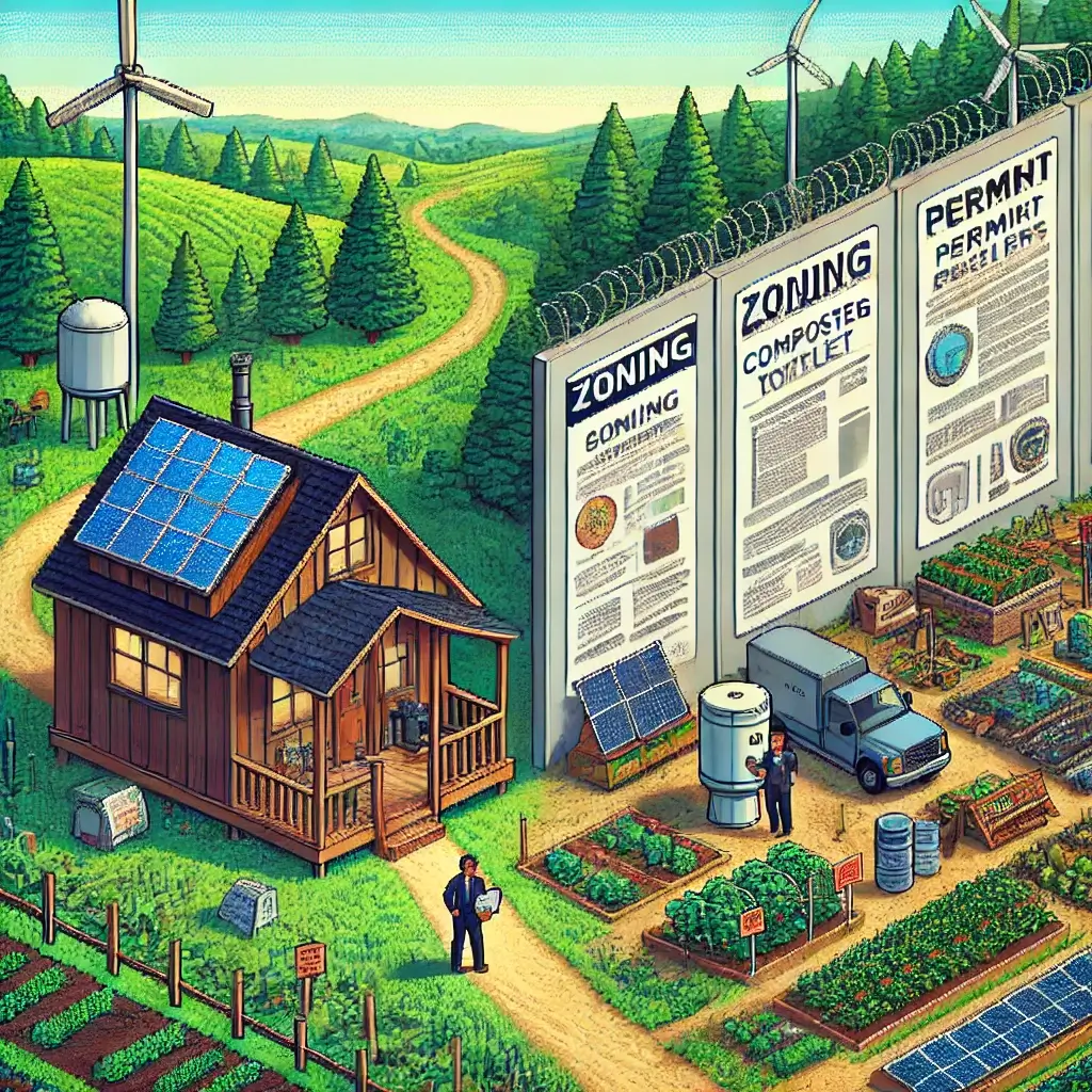 Pixel art of an off-grid homesteader standing between a cozy, solar-powered cabin and a tall bureaucratic wall covered with zoning signs and permit notices. The homesteader holds blueprints and looks determined.