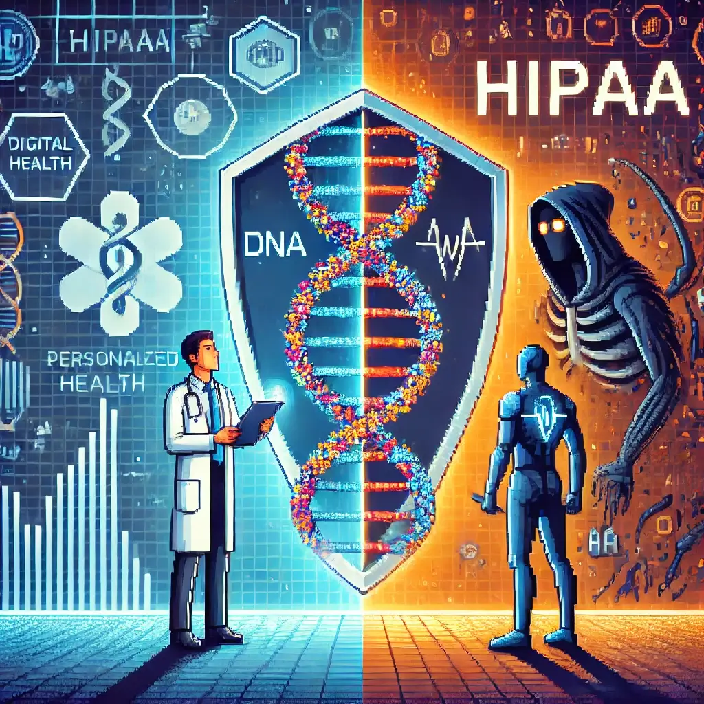 Pixel image showing a high-tech doctor with DNA in hand on one side, and a looming HIPAA shield repelling data thieves on the other; split background illustrates medicine vs. data privacy threats.
