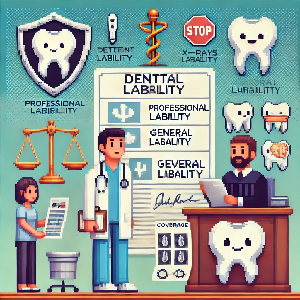 Dental Malpractice Lawsuits: What Insurance Really Covers Pixel art of a dentist standing beside a shield-shaped insurance policy with two buckets labeled “Professional Liability” and “General Liability,” symbolizing dental malpractice insurance coverage.