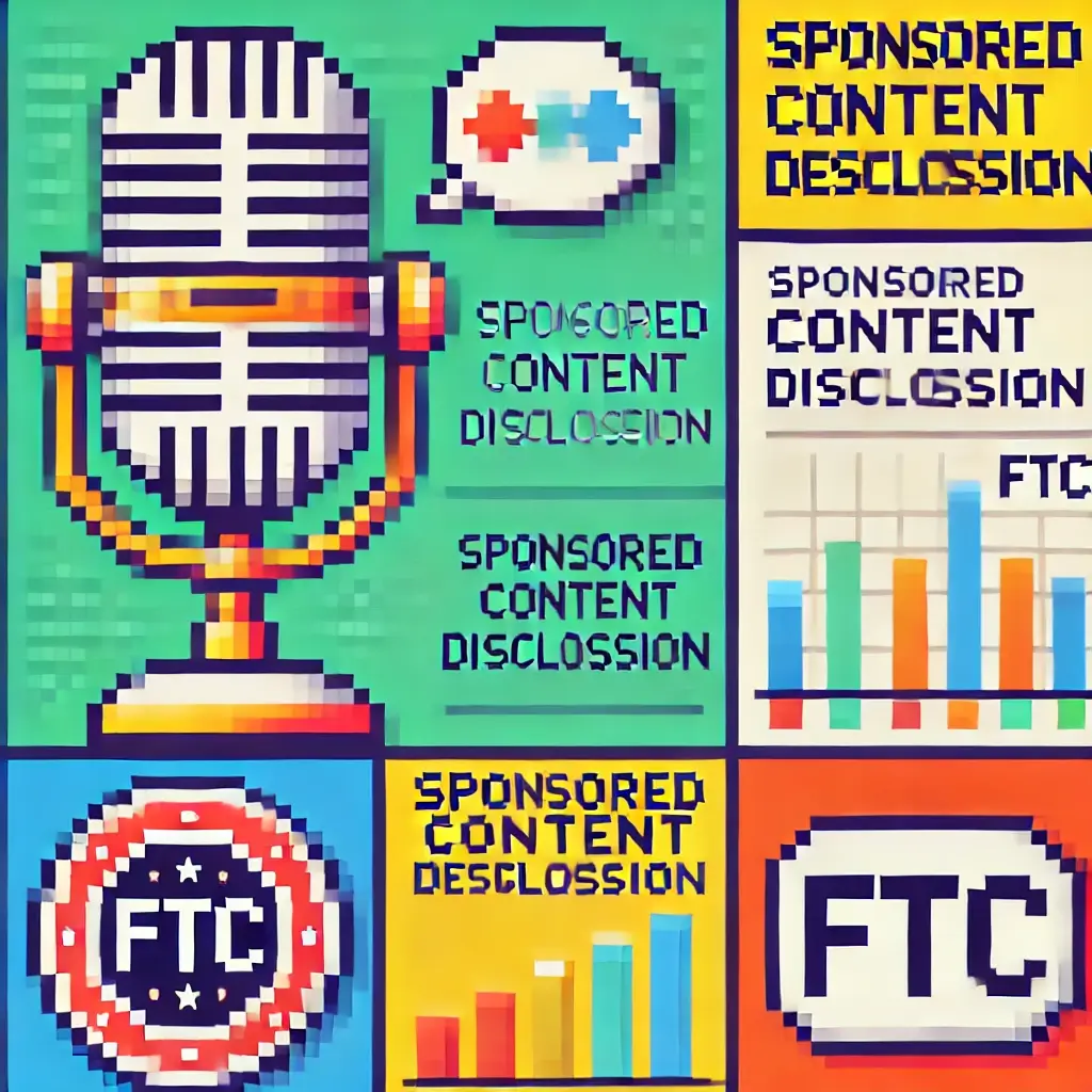 Pixel art infographic showing a vintage microphone with the phrase "Sponsored Content Disclosure" and an FTC badge, symbolizing podcast advertising regulations and legal compliance.