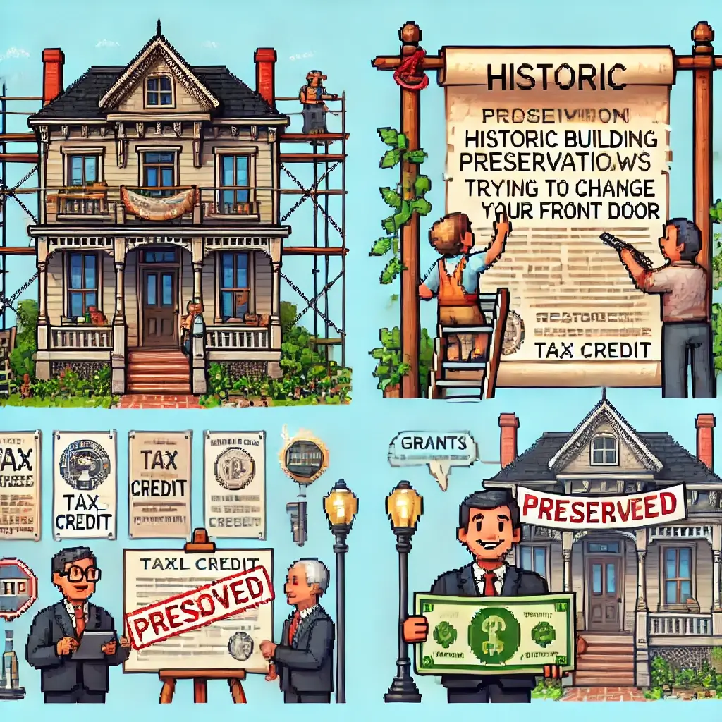 Historic Building Preservation Law: 3 Things You Must Know Before You Buy 2 Pixel art of a Victorian house with scaffolding, a historic marker, and a person reading a long legal scroll.