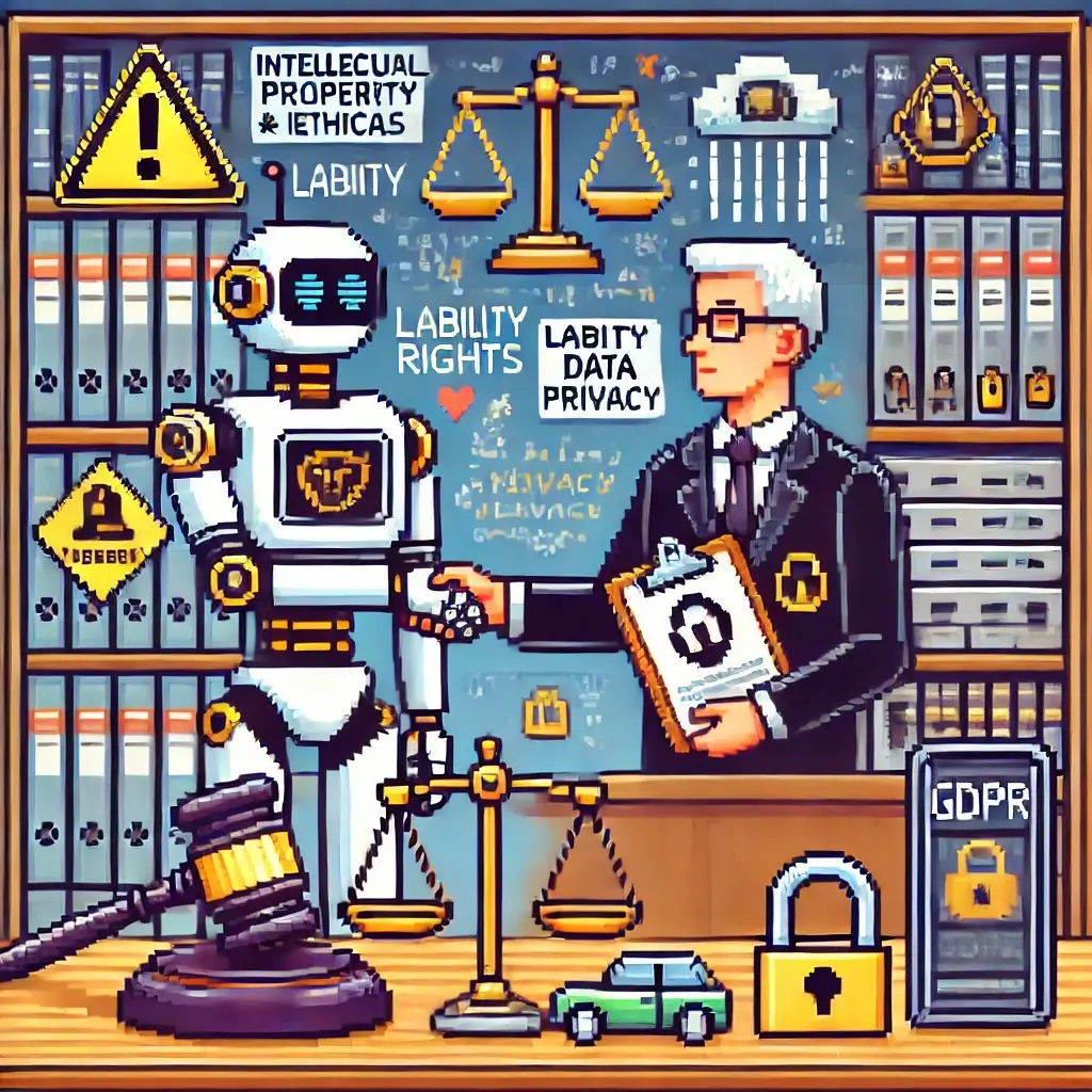 Pixel art of a human and a robot shaking hands in an office with law books, a gavel, and warning signs in the background, symbolizing liability and data privacy risks in human-robot collaboration.