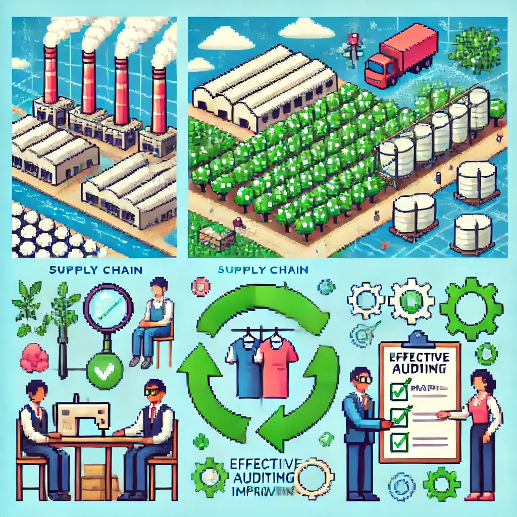 Pixel art showing an ethical fashion supply chain map with factories, cotton fields, fabric rolls, and sewing machines connected by dotted lines, symbolizing transparency and supplier mapping.