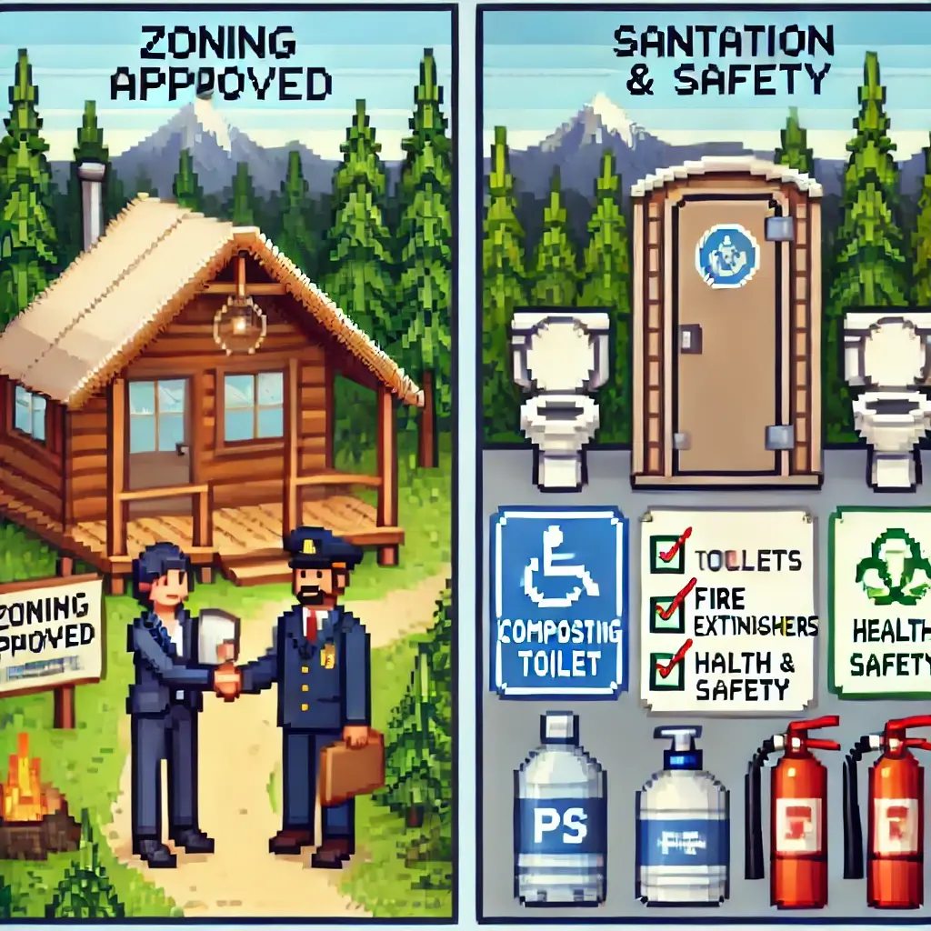 Pixel art of a forest glamping site with a zoning-approved sign and official handing over a permit.