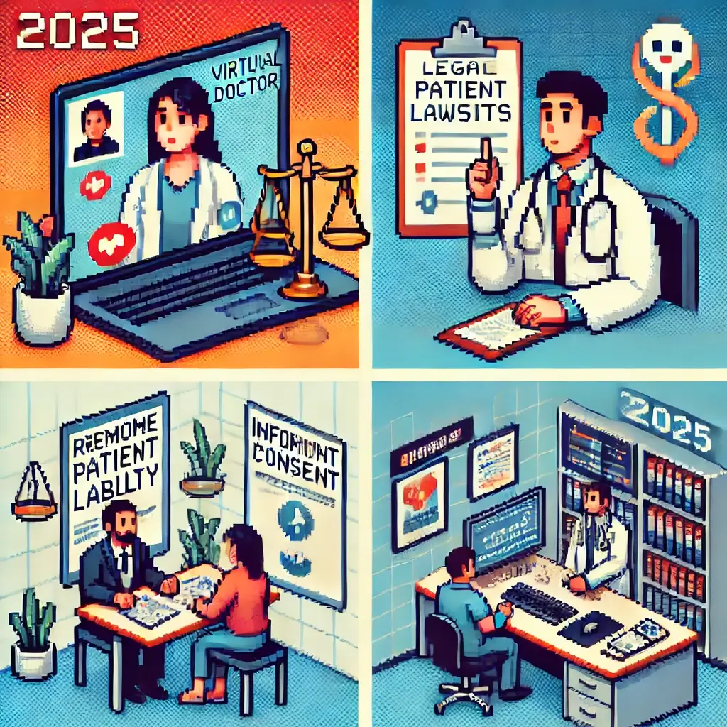 Pixel art of a virtual doctor-patient video call with a floating balance scale, representing telehealth malpractice lawsuits 2025.