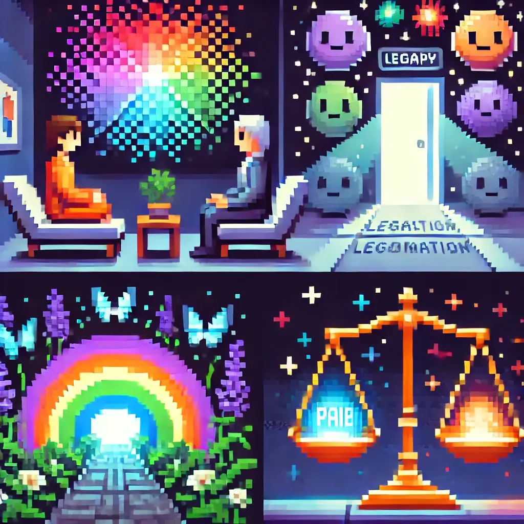 The Psychedelic Revolution is Here: 3 Major Legal Shifts Changing Mental Health Forever 2 The Psychedelic Revolution is Here: 3 Major Legal Shifts Changing Mental Health Forever Pixel art of two people in a therapy setting with glowing colorful patterns above, symbolizing psychedelic-inspired mental health healing.