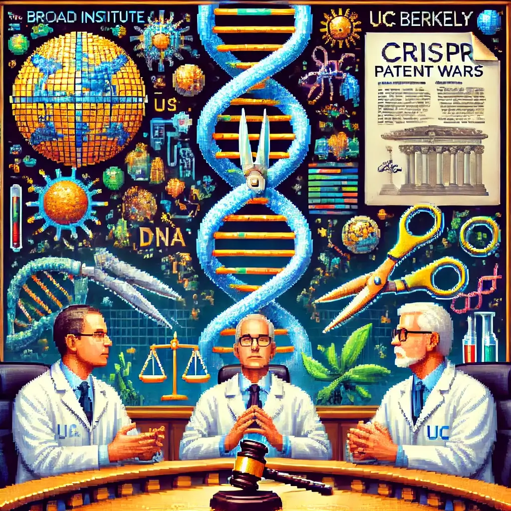 Pixel art of two scientists in lab coats facing each other in a courtroom with a DNA double helix background, symbolizing the Broad Institute vs. UC Berkeley CRISPR patent dispute.