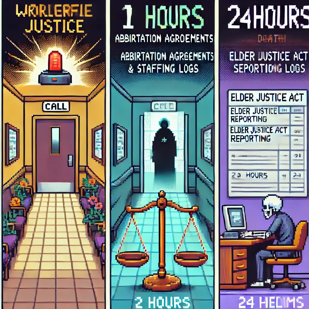 Pixel art of a nursing home hallway with a flashing call light above a resident’s door, symbolizing wrongful death in nursing homes and delayed staff response.