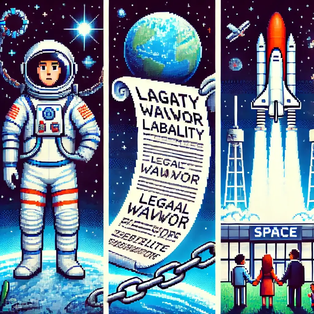 Pixel art of a worried astronaut floating in space holding a long liability waiver, with Earth in the background. Space Tourism Liability Waiver