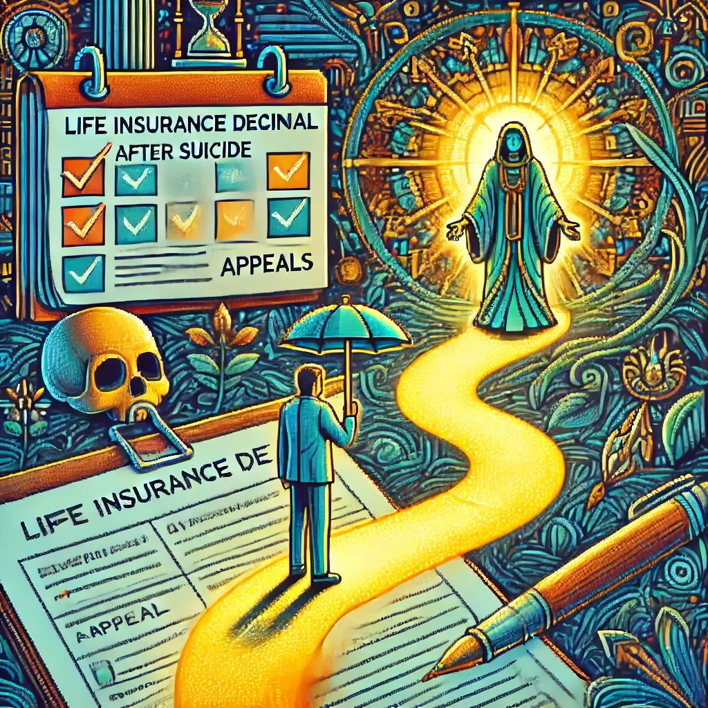 Intricate pixel art showing a symbolic path through documents, deadlines, and appeals, representing how families overturn a life insurance denial after suicide with timelines, ERISA rights, and strategy.
