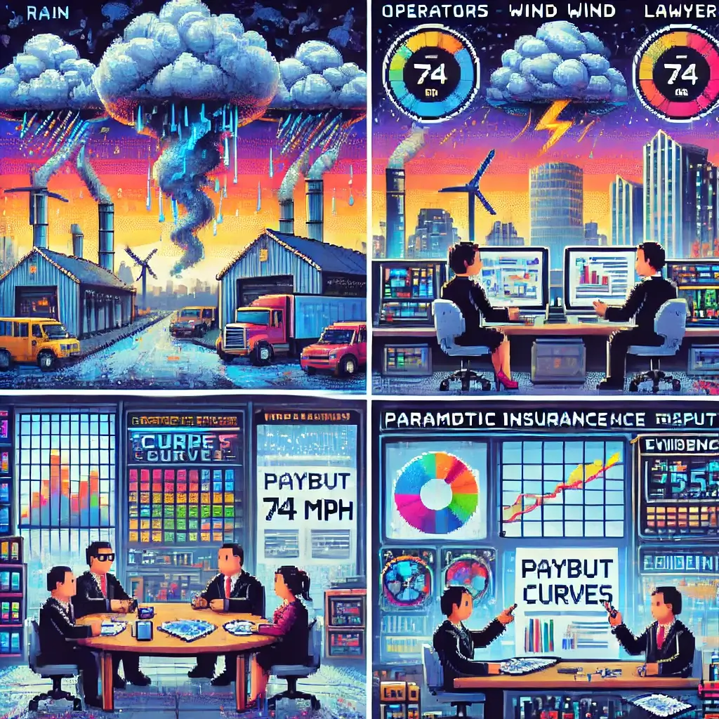 Pixel art of a stormy city with rainfall gauges and wind triggers showing mismatch, symbolizing parametric insurance disputes and basis risk.