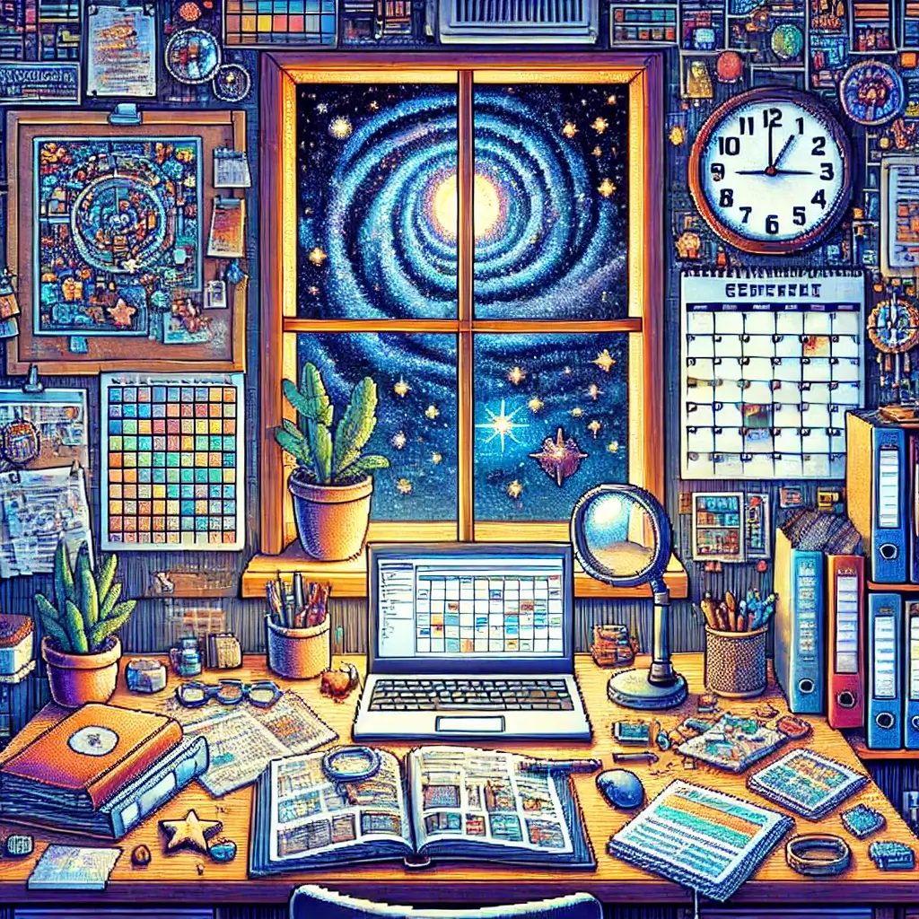 Pixel art workspace with desk, laptop, calendar, and organized documents, window showing starry night, symbolizing preparation, hope, and recovery in long COVID disability lawsuits.