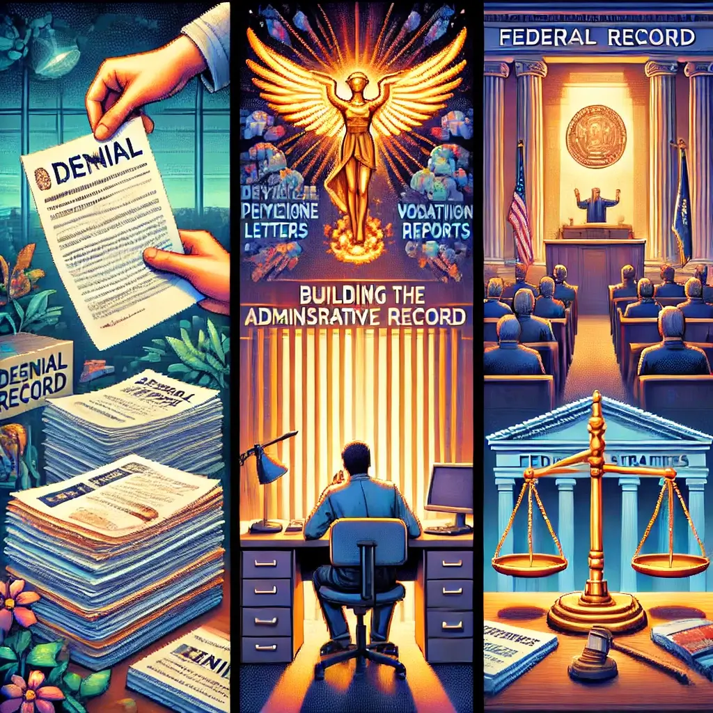 Pixel art illustration of ERISA disability claim denials and federal court strategies: denial letter scene, record-building with medical/vocational evidence, and federal courtroom with glowing scales of justice.