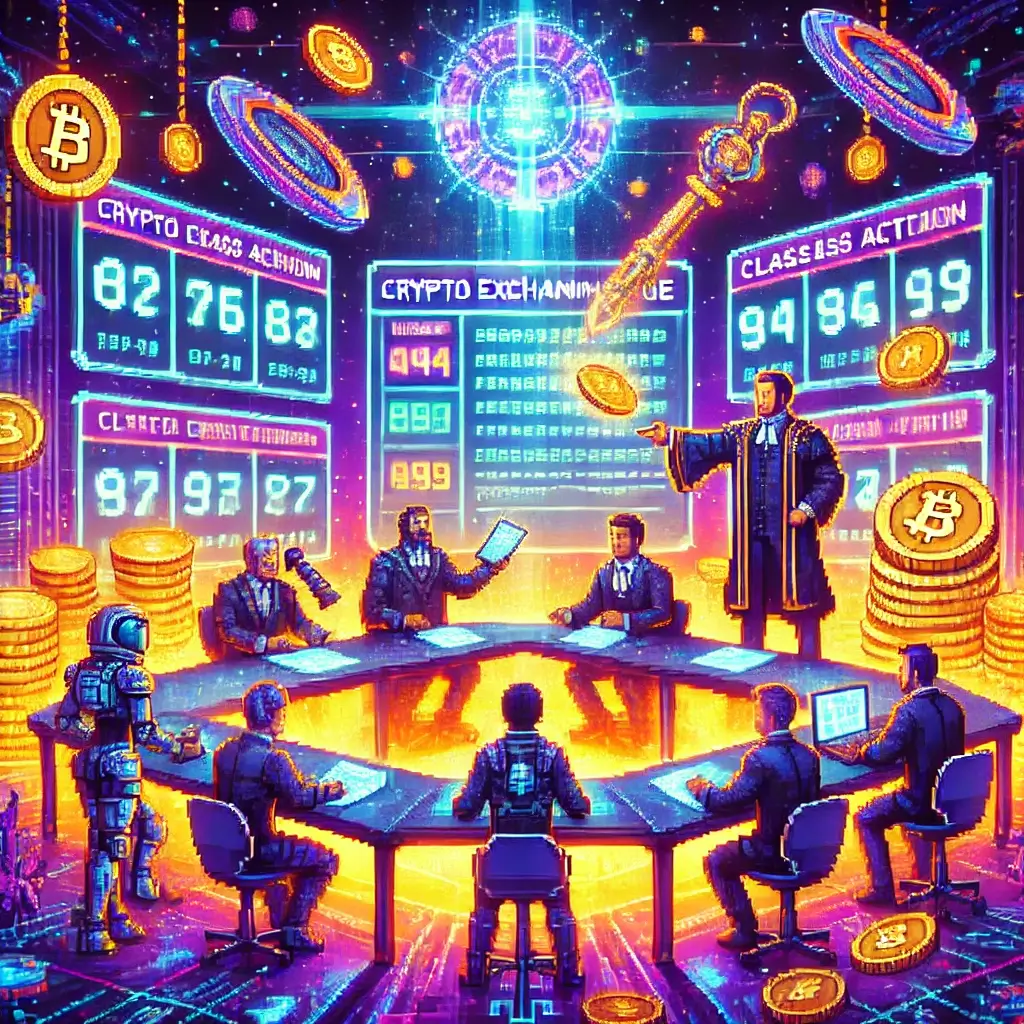 Pixel art of a futuristic courtroom with glowing calendars, digital coins, and people filing crypto exchange class action claims.