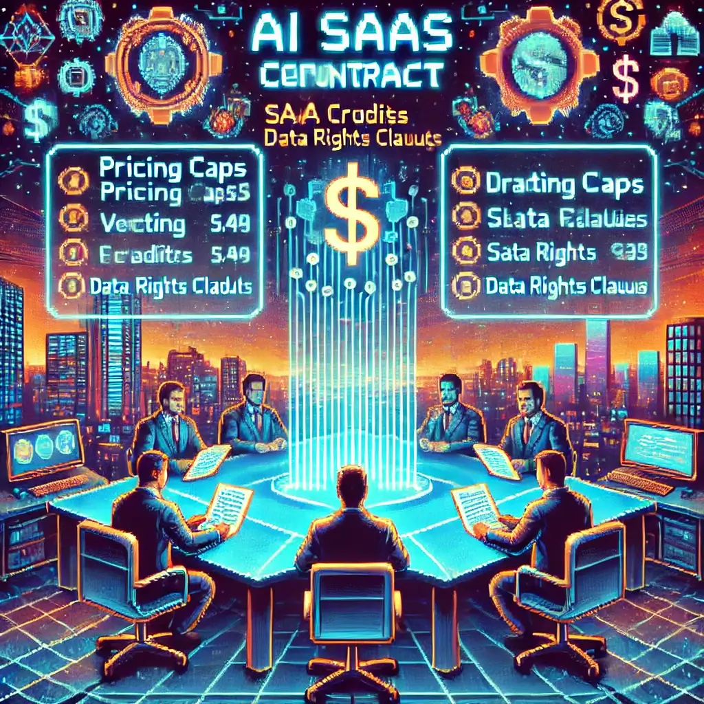 Pixel art of futuristic founders negotiating an AI SaaS contract with glowing pricing caps, SLA credits, and data training rights clauses.