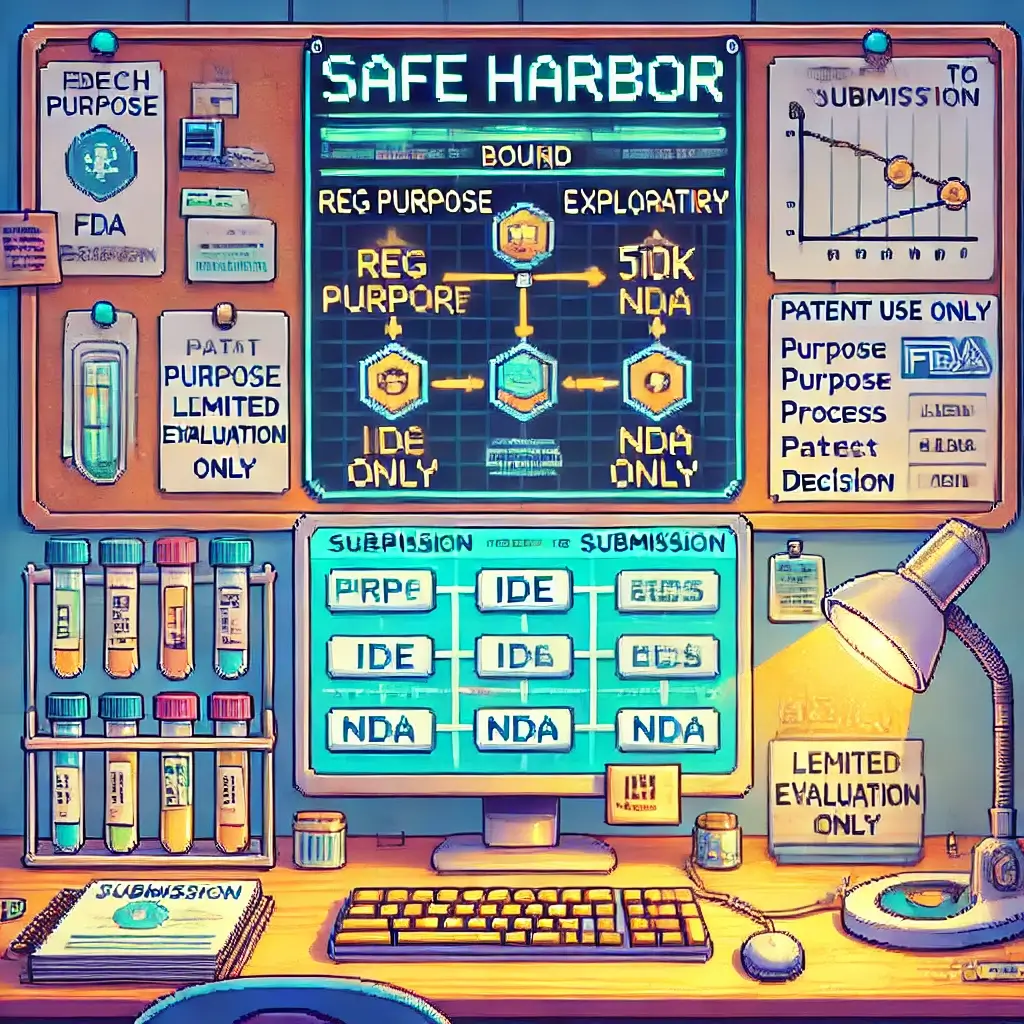 17 Field-Tested biotech safe harbor Moves for 2025 (So You Don’t Accidentally Step on a Patent). Pixel-art lab split into “Harbor-bound” and “Exploratory,” with ELN fields (Reg Purpose, Submission, Owner), tags (IND/IDE/510(k)/BLA/NDA), timeline to FDA submissions, “Regulatory Use Only” watermarks, and boxes marked “Submission-limited evaluation only” — capturing biotech safe harbor, §271(e)(1), freedom to operate, and patent infringement risk.