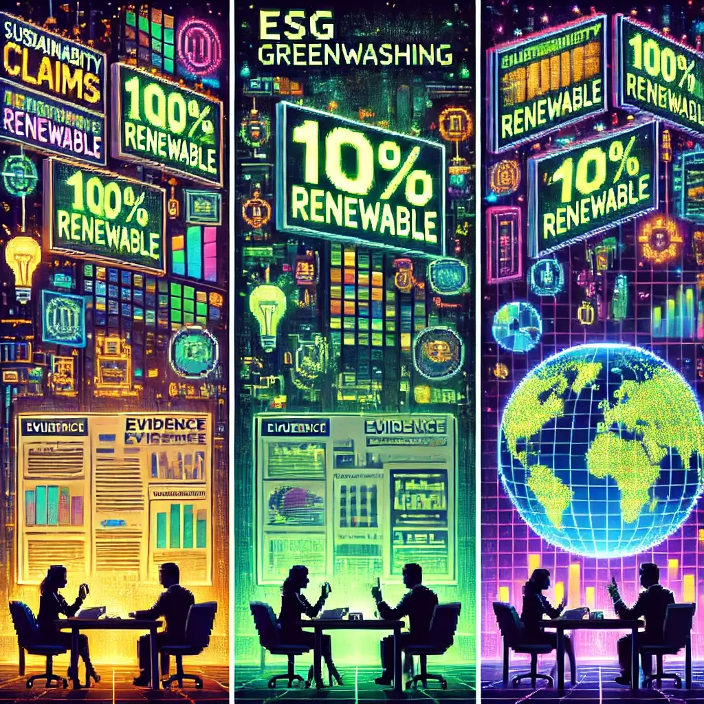Pixel art of a corporate office with glowing sustainability billboards and a figure reviewing documents, symbolizing ESG greenwashing lawsuits and risky sustainability claims.