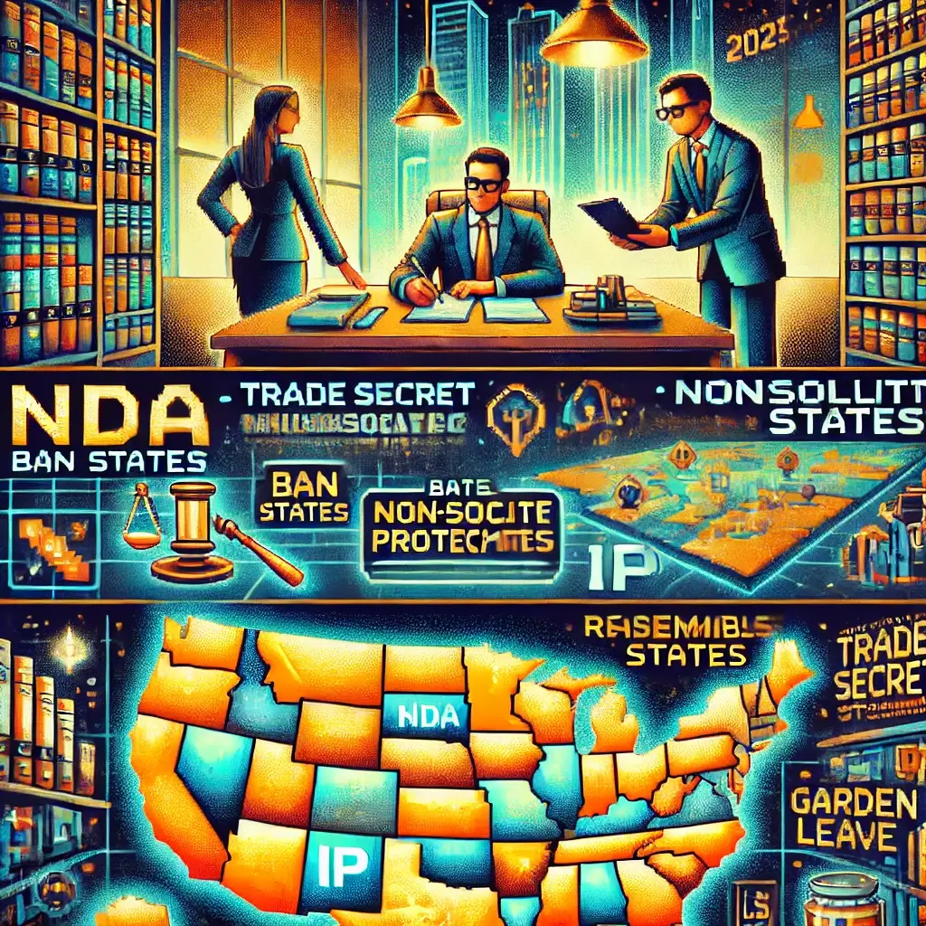 Pixel art of two professionals signing a glowing scroll labeled NDA, nonsolicit, and IP, representing employer non compete agreements, trade secret protection, and enforceable clauses.