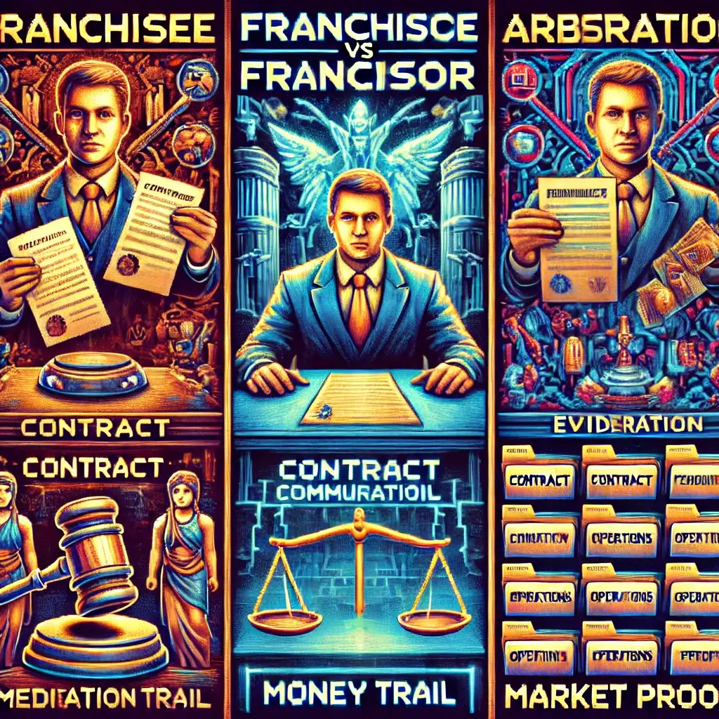 Pixel art of a courtroom battle showing a franchisee with receipts facing a franchisor with a contract, symbolizing franchisee vs franchisor lawsuits.