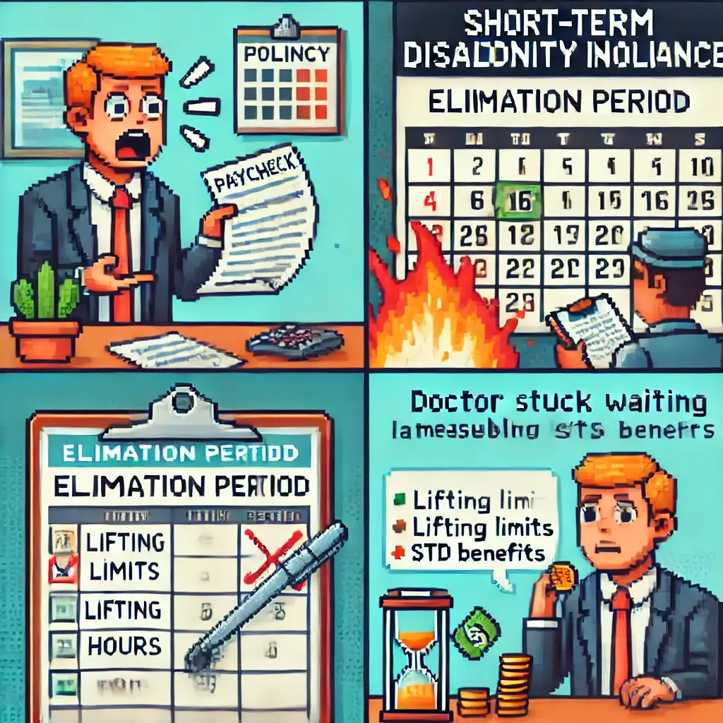 Pixel art illustrations showing short-term disability insurance loopholes: shocked worker with paycheck and elimination period calendar, doctor writing measurable functional limits on claim form, split-screen of PTO delay and late STD benefit payments.