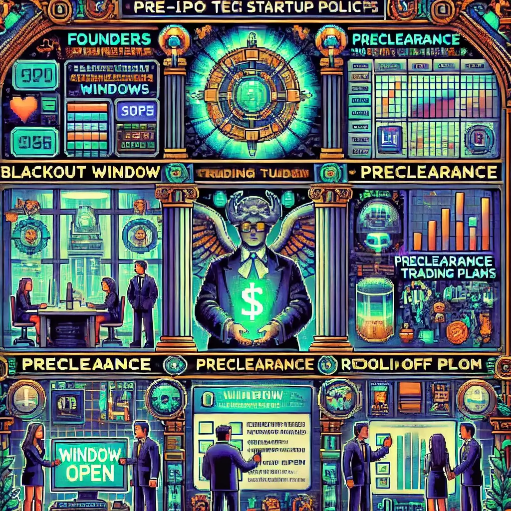 trading policy template Pixel art of a futuristic startup office with a glowing compliance checklist showing blackout windows, preclearance, and 10b5-1 trading policy template.