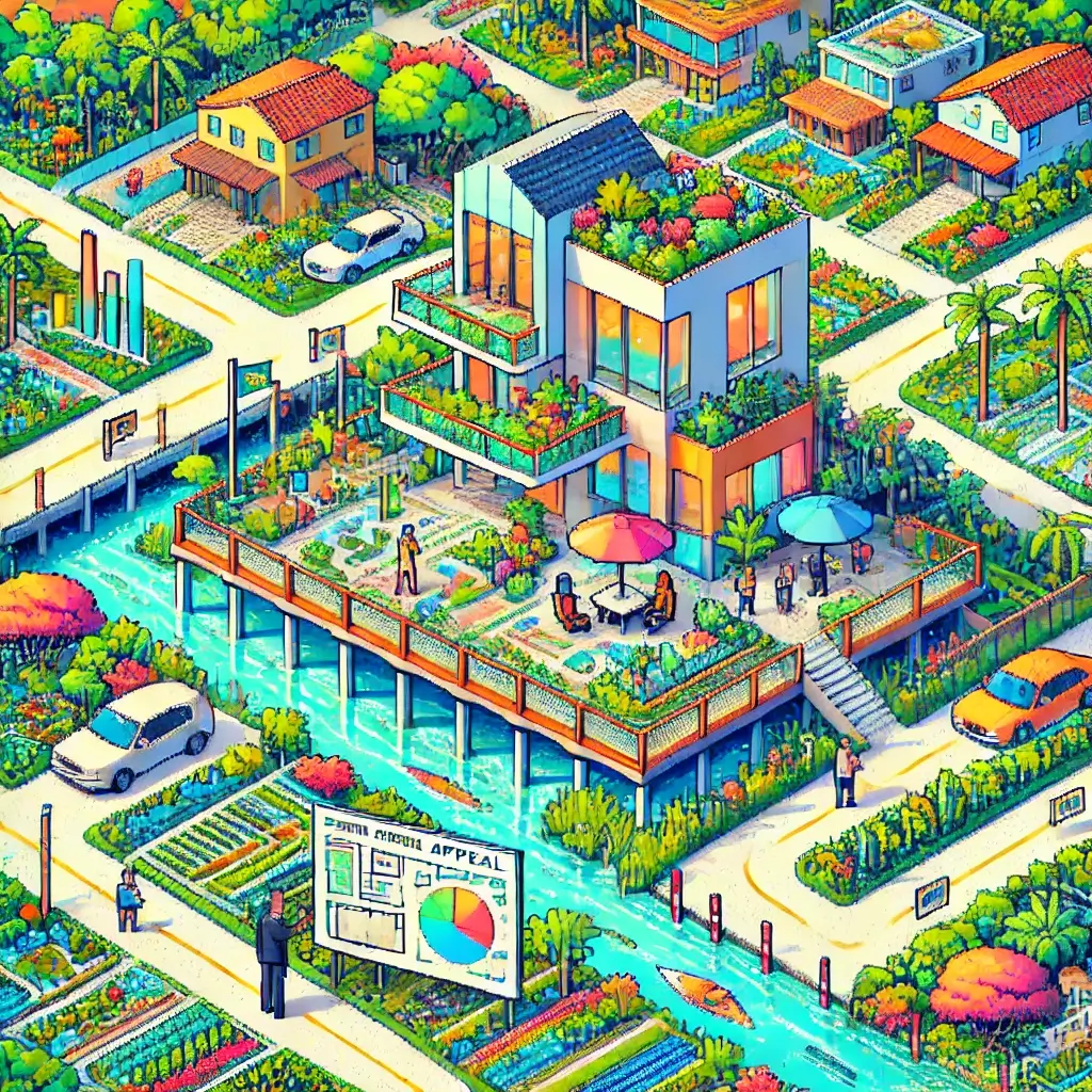 9 Fast zoning appeal Moves for Miami-Dade’s Sea-Level Rise Overlay (2025 Guide) 2 zoning appeal. Pixel art of a bright and intricate Miami-Dade zoning appeal scene with an elevated house in the Sea-Level Rise Overlay, showing flood resilience features like bioswales, retention areas, and a small board meeting building nearby.